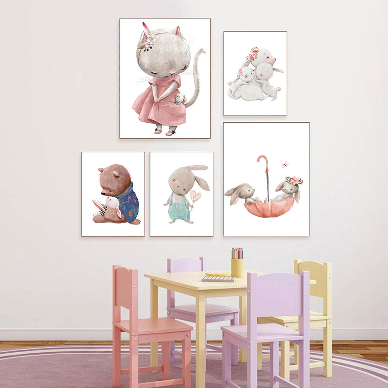 Baby Nursery Posters - 1PC frameless decorative art print,Bear Rabbit