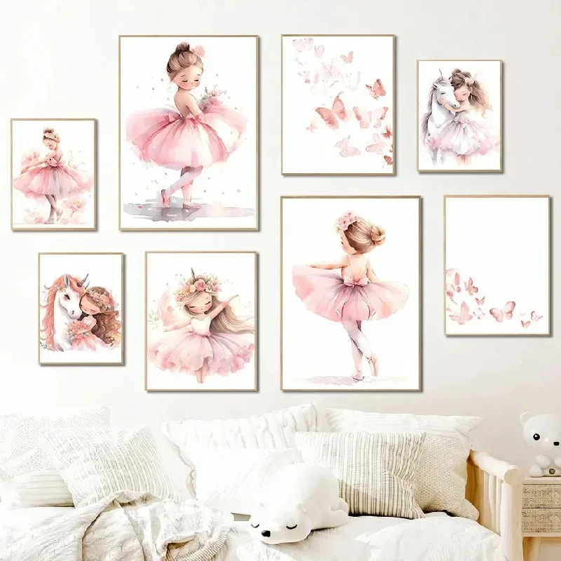 Baby Nursery Girl Room - Pink Ballerina Girl Unicorn Butterfly Poster