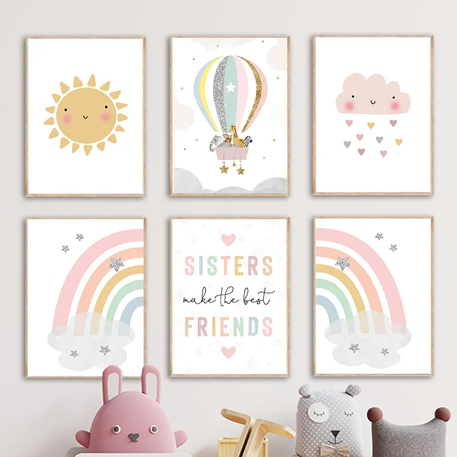 Baby Nursery Girl Room - Giraffe Elephant Hot Balloon Sun Rainbow