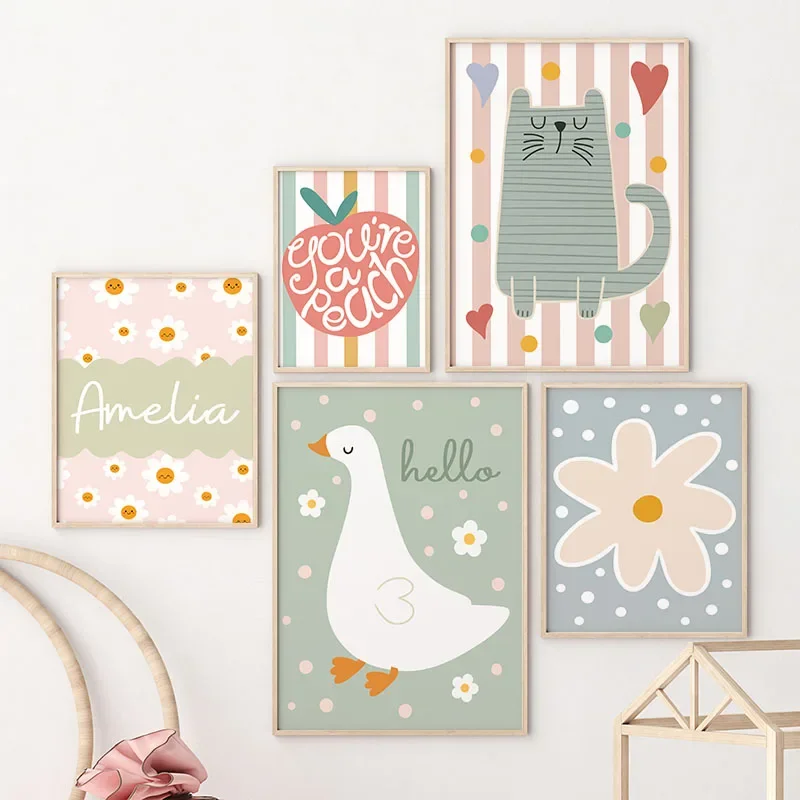 Baby Nursery Posters - Cartoon Cat Duck Bird Apple Custom