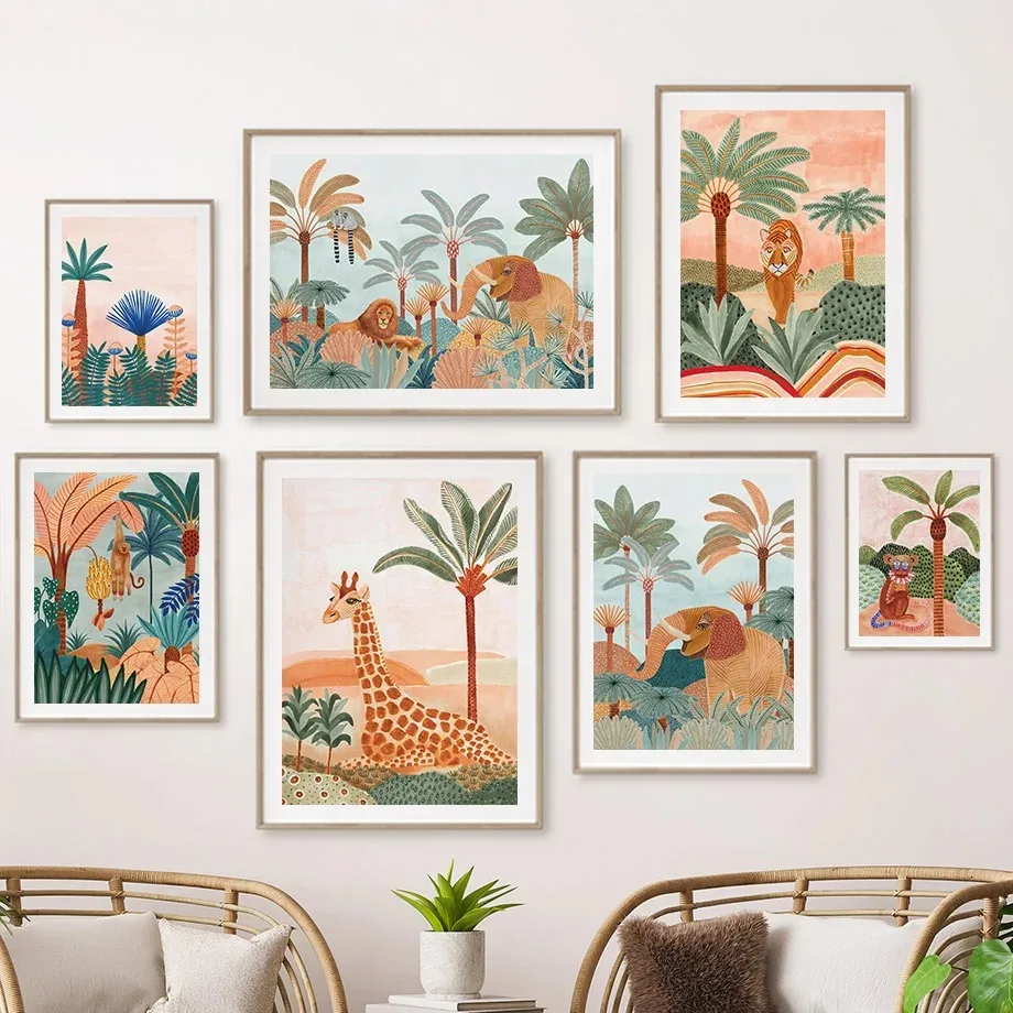 Baby Nursery Posters - Boho Jungle Animals Tiger Monkey Giraffe