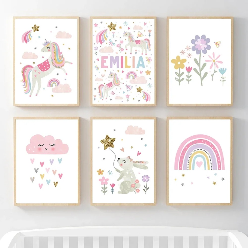 Baby Nursery Girl Room - Pink Unicorn Rabbit Rainbow Cloud Flower