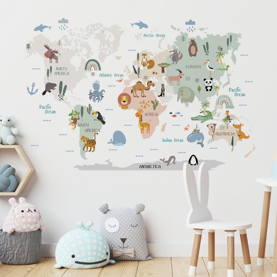 Baby Nursery Girl Room - Watercolor Cartoon World Map Wall Stickers