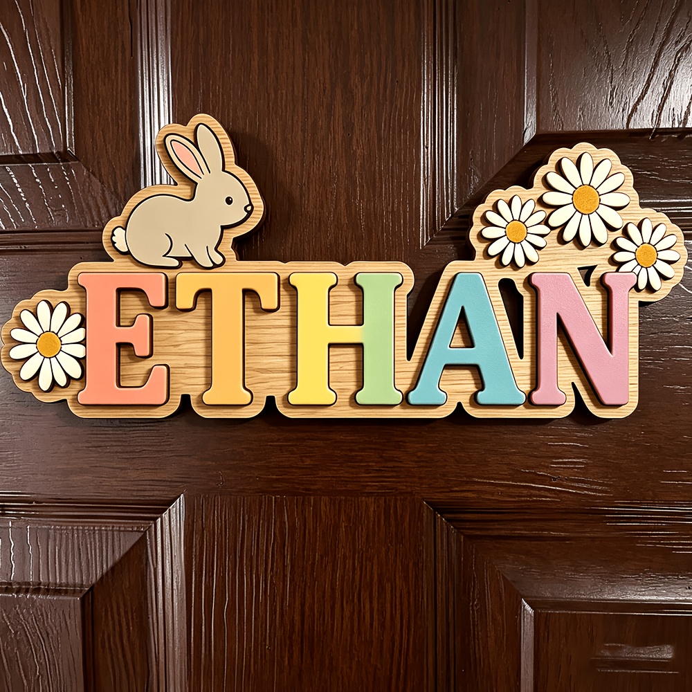 Baby Nursery Accent Wall - Customizable Rainbow Bunny & Daisy Wooden