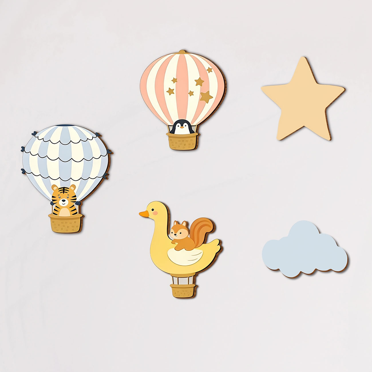 Baby Nursery Decals - 5Pcs Animal Hot Air Balloon Wooden