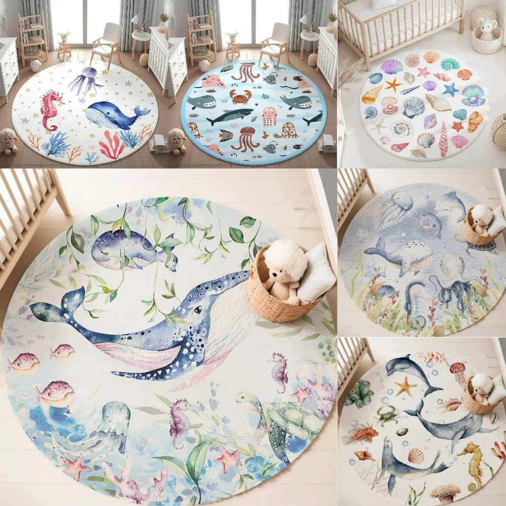 Baby Nursery Sets - Blue Marine animal Round Carpet for