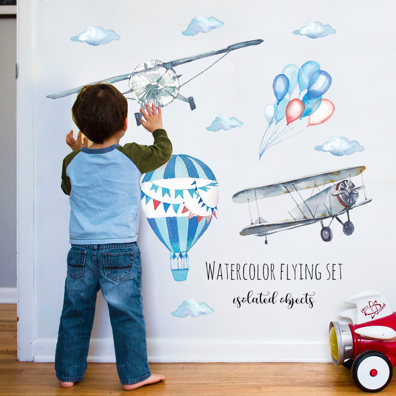 Baby Nursery Mural Wallpaper - Watercolor Airplane Hot Air Balloon Wall