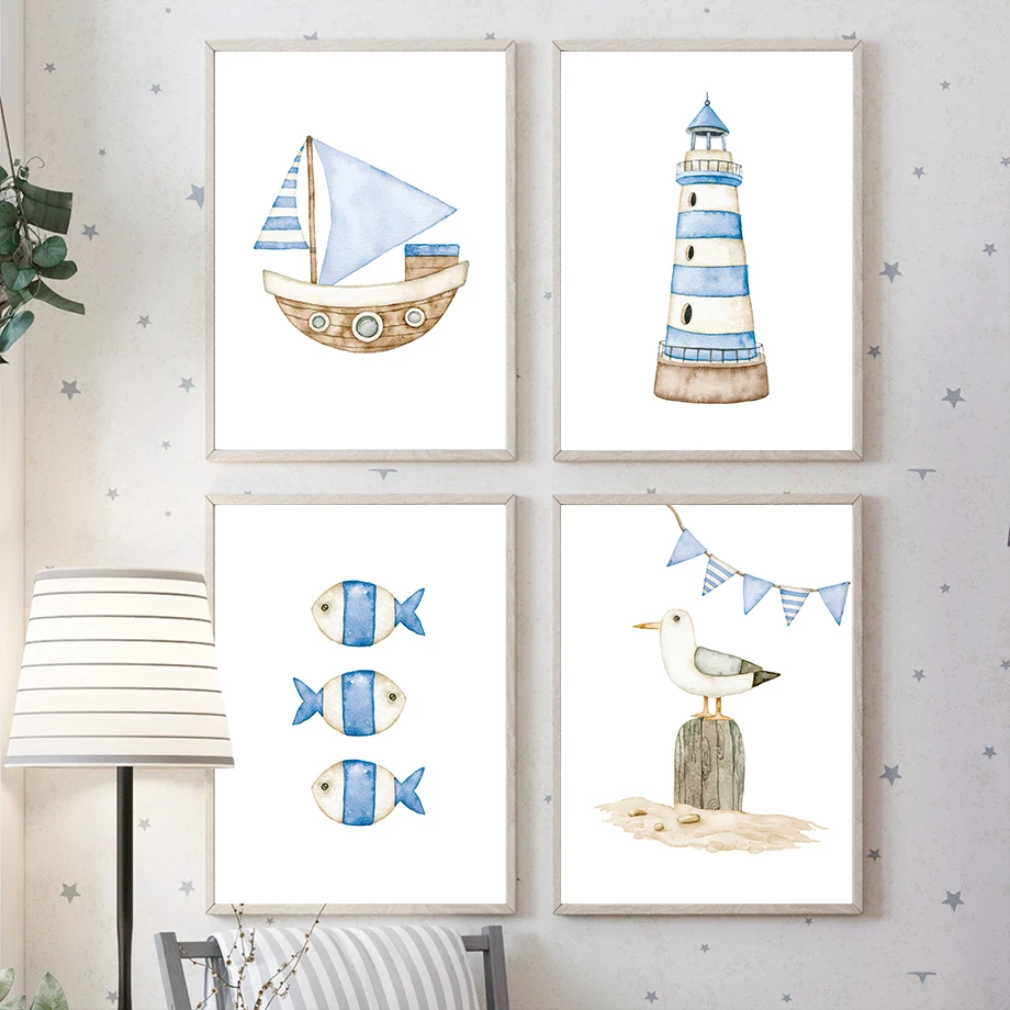Sailboat Lighthouse Fish Nauti - Baby Nursery Posters recension och pris