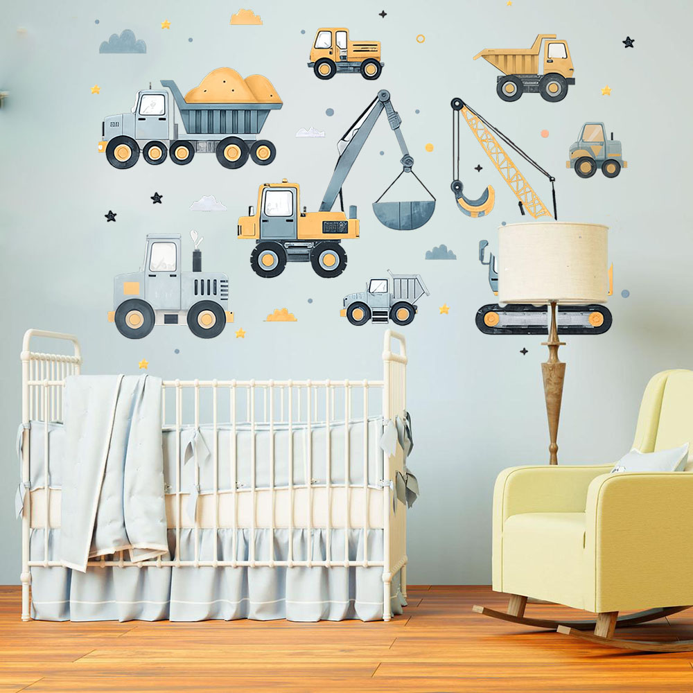 Cartoon Excavator Vehicles Set - Baby Nursery Decals recension och pris