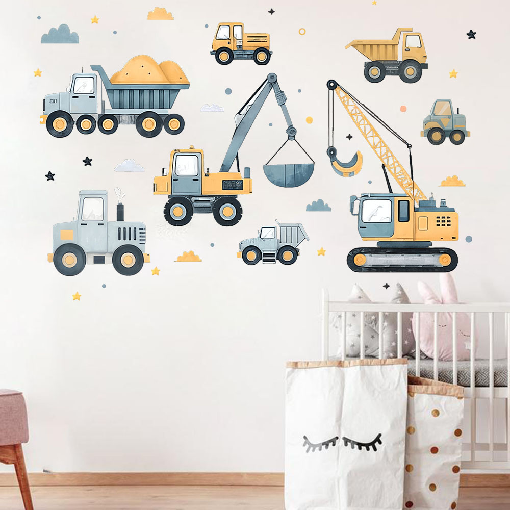 Cartoon Excavator Vehicles Set - Baby Nursery Decals recension och pris