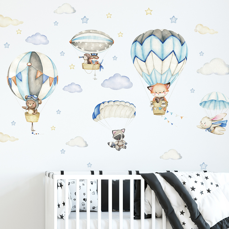 Cartoon Cute Animals Hot Air B - Baby Nursery Decals recension och pris