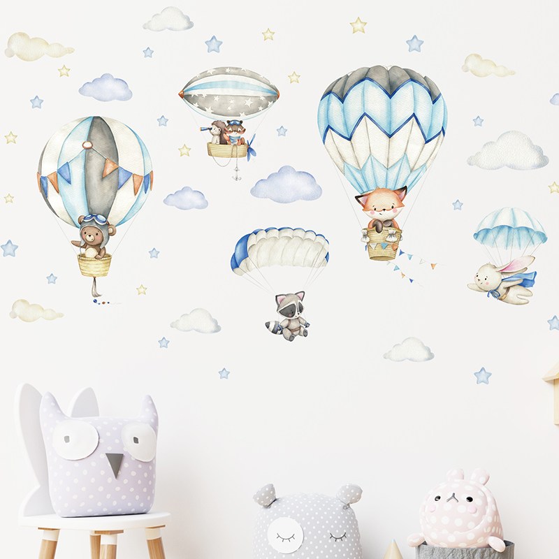 Cartoon Cute Animals Hot Air B - Baby Nursery Decals recension och pris