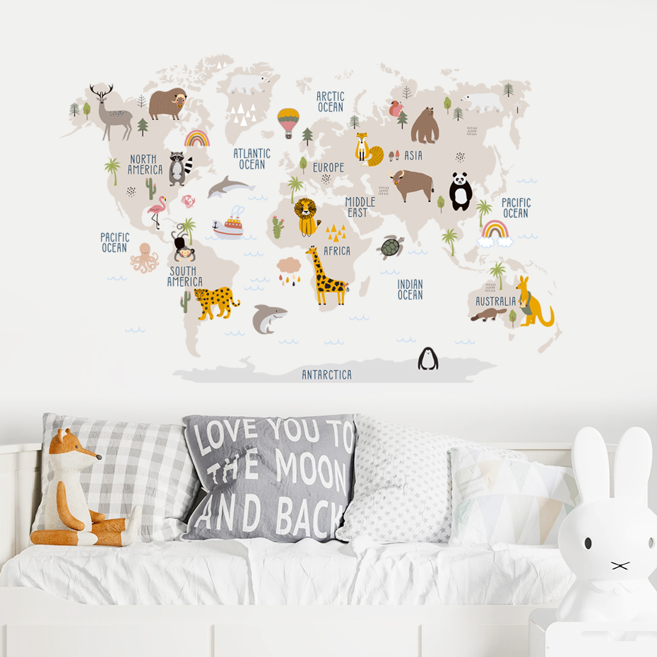 Watercolor  Cartoon World Map  - Baby Nursery Girl Room recension och pris