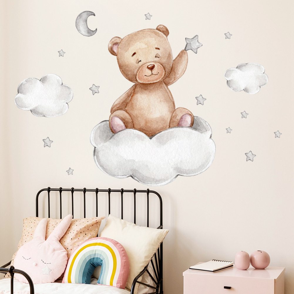 Bear Moon Clouds Stars Wall St - Baby Nursery Mural Wallpaper recension och pris
