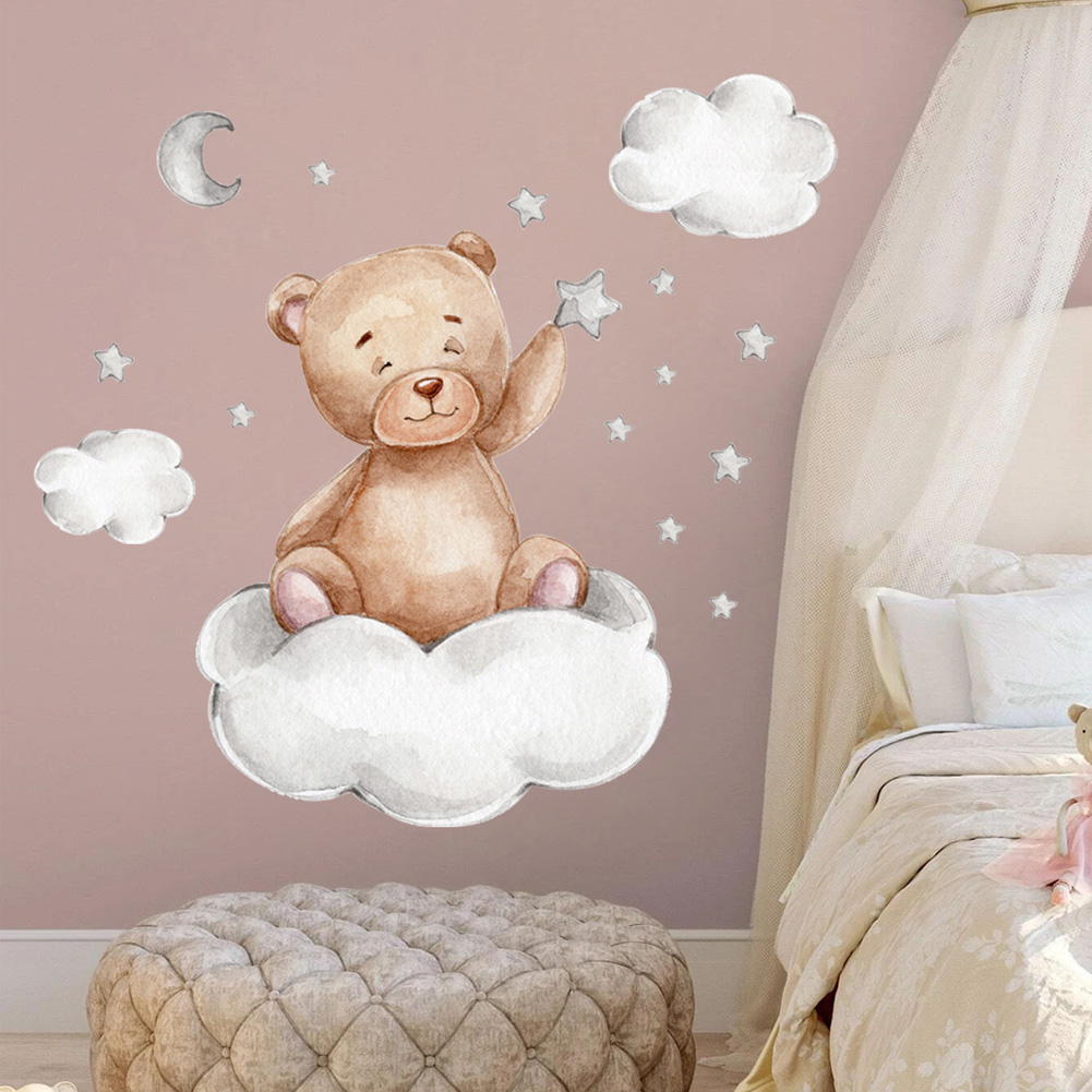 Bear Moon Clouds Stars Wall St - Baby Nursery Mural Wallpaper recension och pris